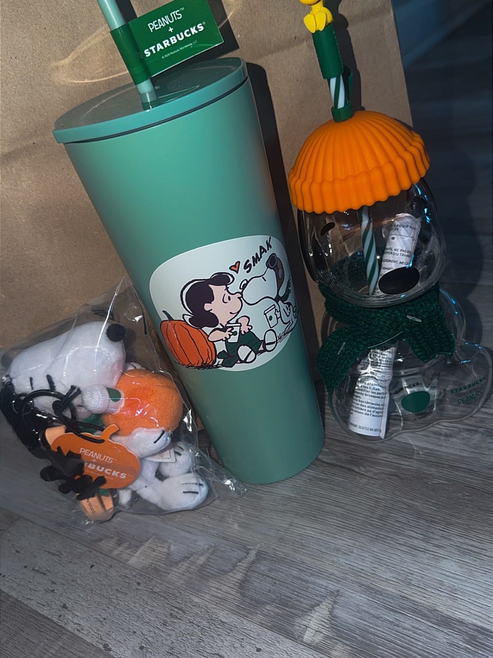 Starbucks Green Peanuts Tumbler with Snoopy & Lucy Art, Collector’s Mug Bundle